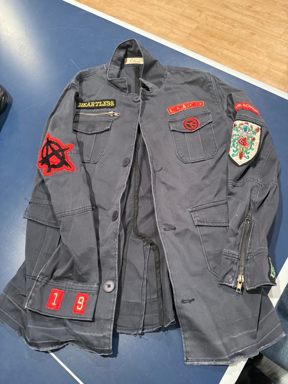 Elan Navy Blue Military Patchwork Coat with Red Accents